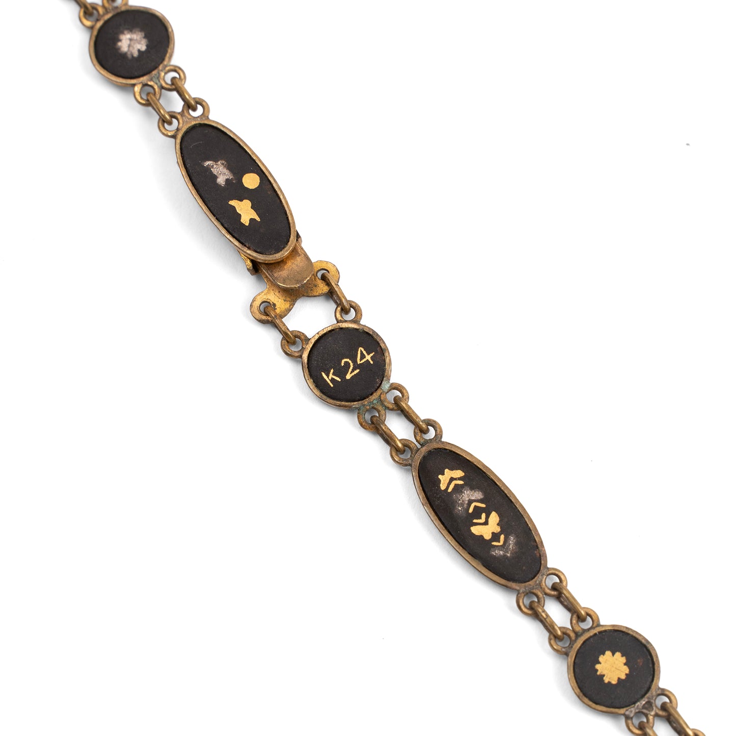 Vintage Japanese Shakudo Hand-Fan Necklace with 24K Gold Inlay & Baroque Pearl Drop — 1930s