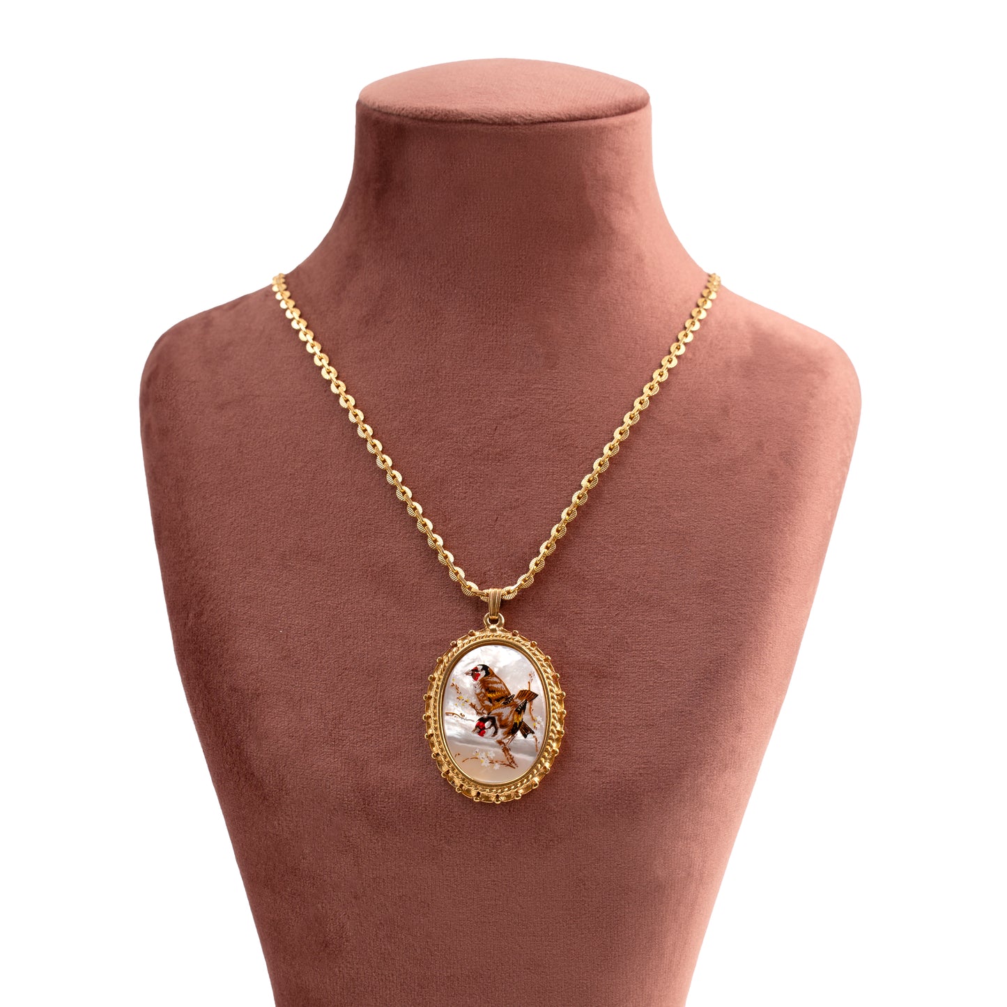 Vintage Stratton Mother of Pearl Hand-Painted Goldfinch Pendant Necklace — 1980s
