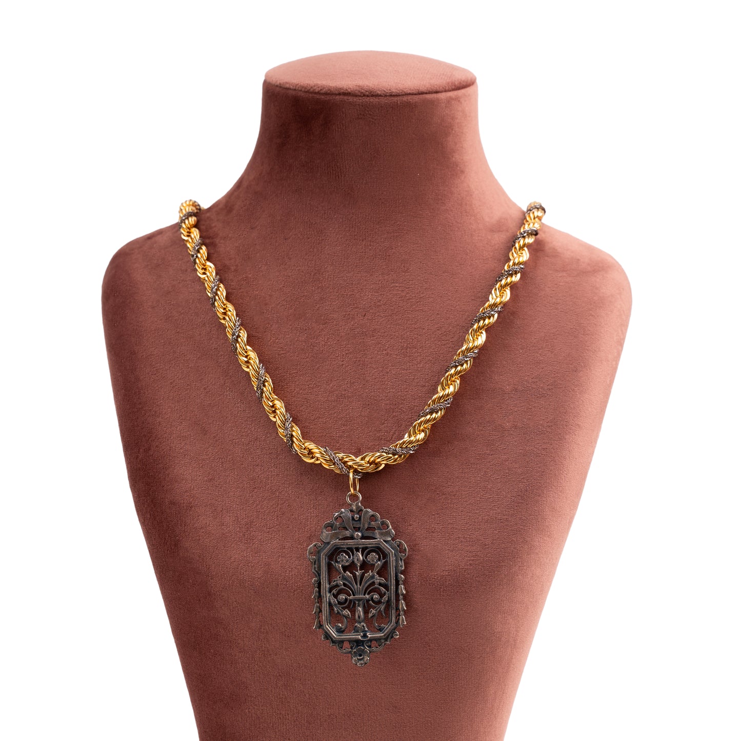 Vintage Two-Tone Gold & Silver Rope Chain Necklace with Sterling Silver Openwork Pendant — 1980s ,1990s