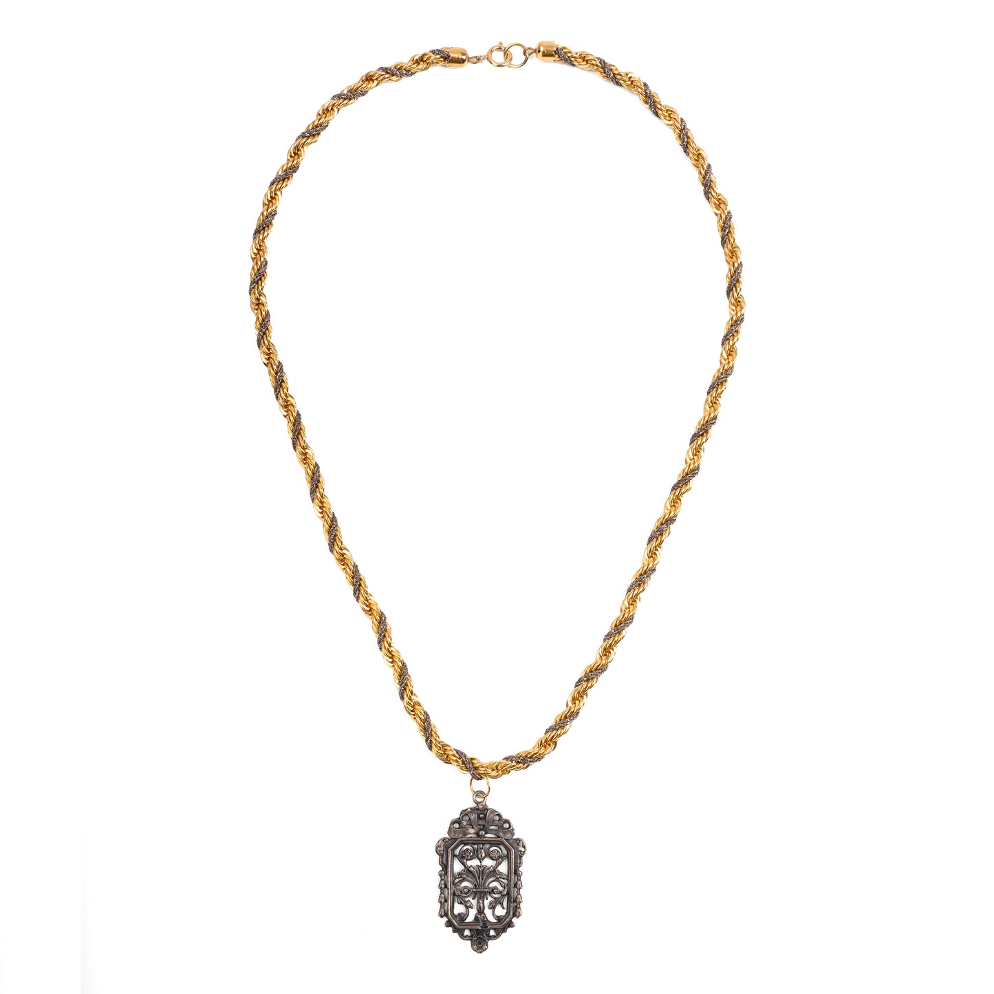 Vintage Two-Tone Gold & Silver Rope Chain Necklace with Sterling Silver Openwork Pendant — 1980s ,1990s