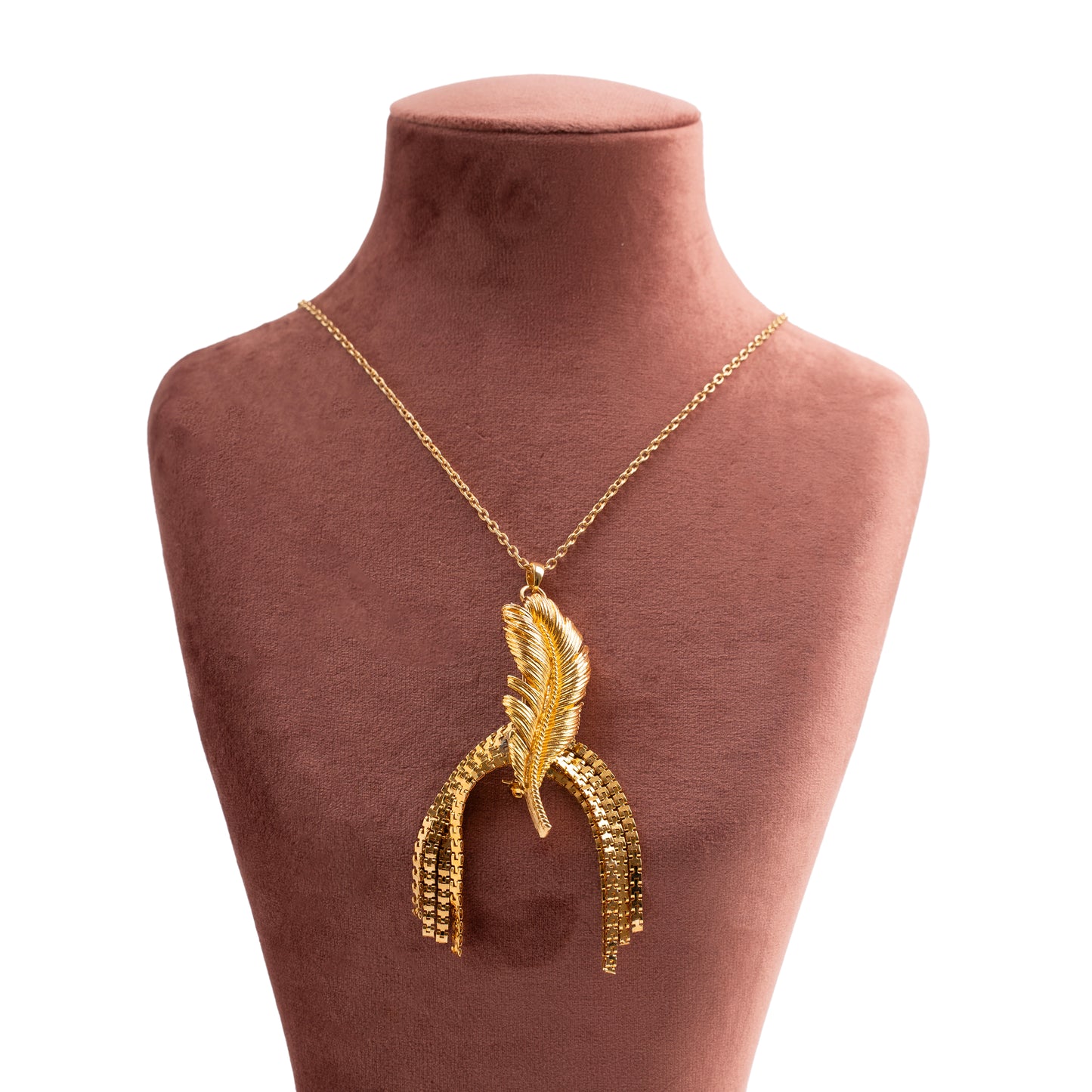 Vintage Gold Textured Leaf Brooch Pendant Necklace with Chain Tassel — 1980s