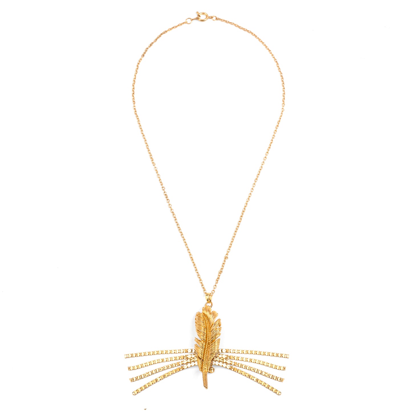 Vintage Gold Textured Leaf Brooch Pendant Necklace with Chain Tassel — 1980s