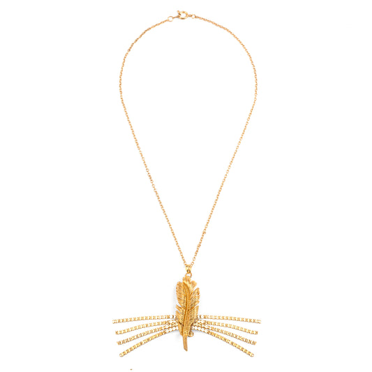 Vintage Gold Textured Leaf Brooch Pendant Necklace with Chain Tassel — 1980s