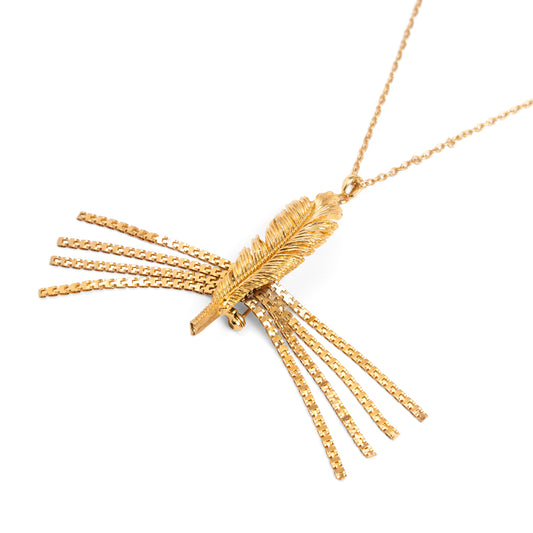 Vintage Gold Textured Leaf Brooch Pendant Necklace with Chain Tassel — 1980s
