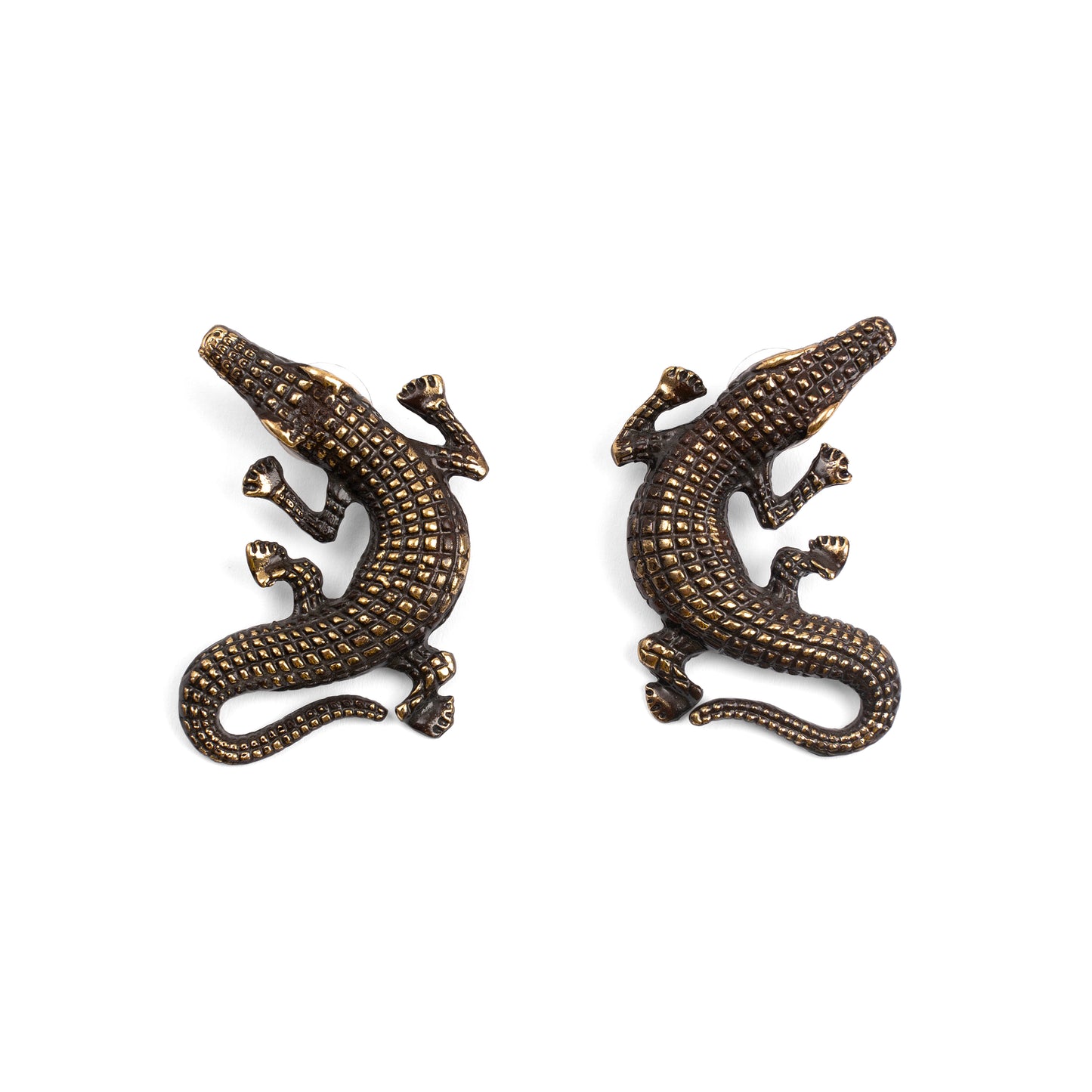 Vintage Style Brass Crocodile Stud Earrings — Statement Figural