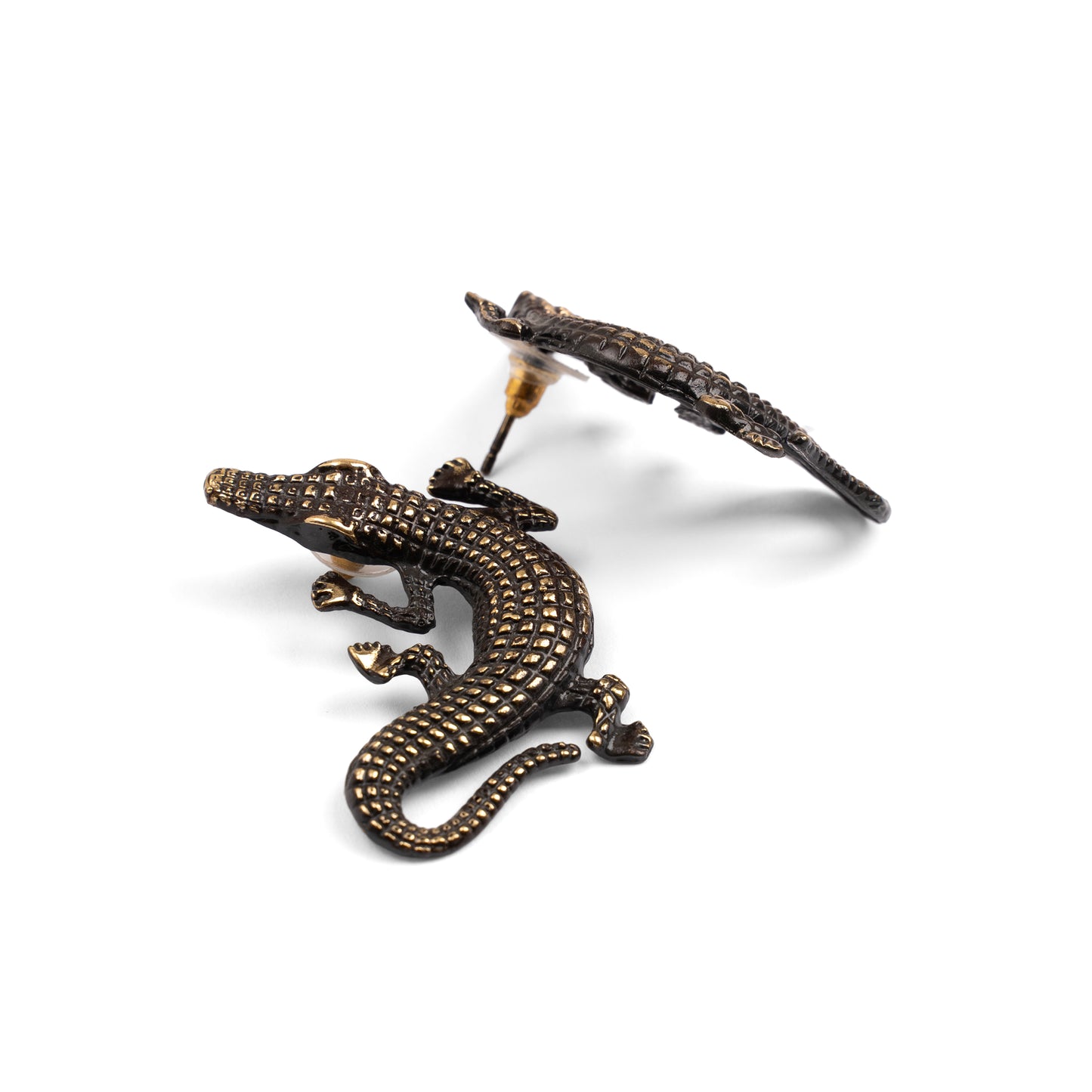 Vintage Style Brass Crocodile Stud Earrings — Statement Figural