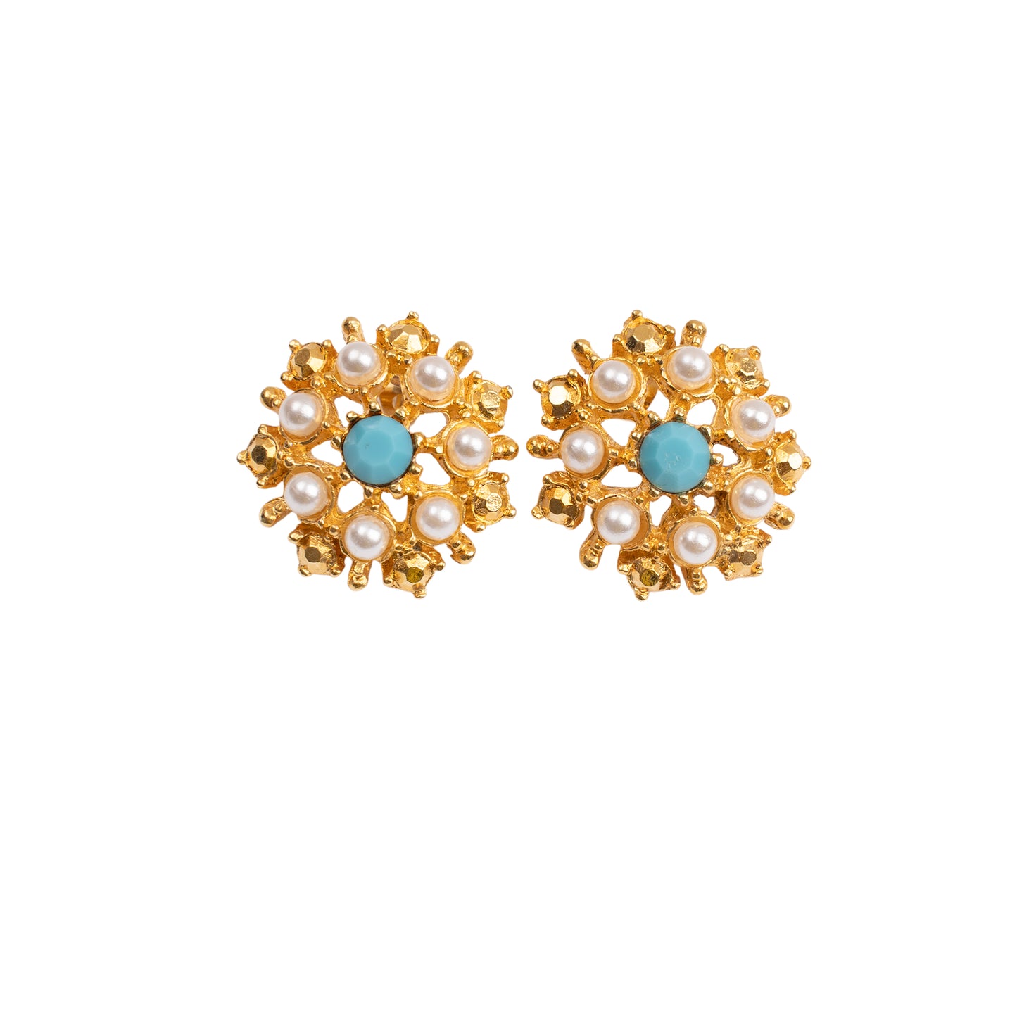 Vintage Gold Pearl & Turquoise Cluster Clip-On Earrings — 1980s
