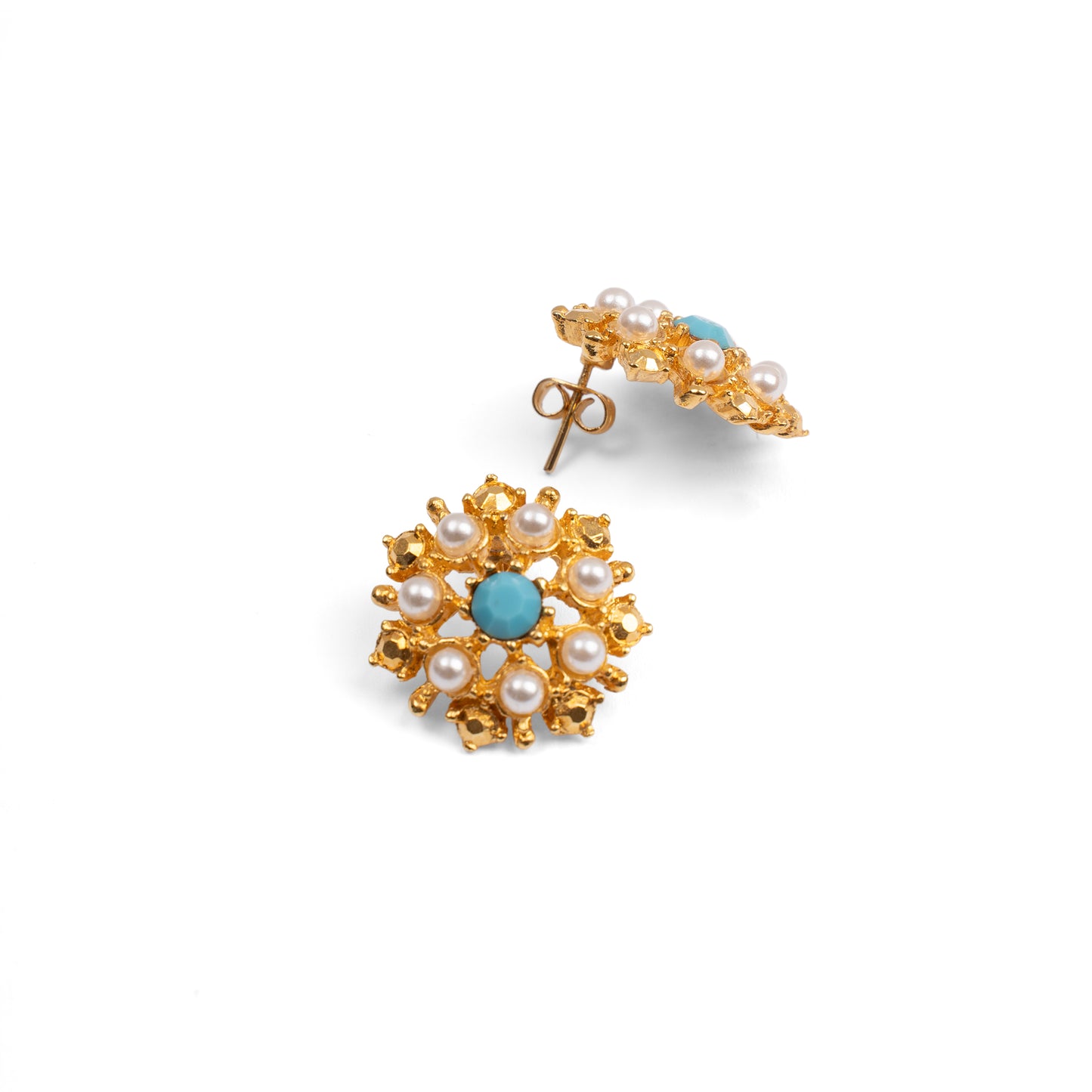 Vintage Gold Pearl & Turquoise Cluster Clip-On Earrings — 1980s