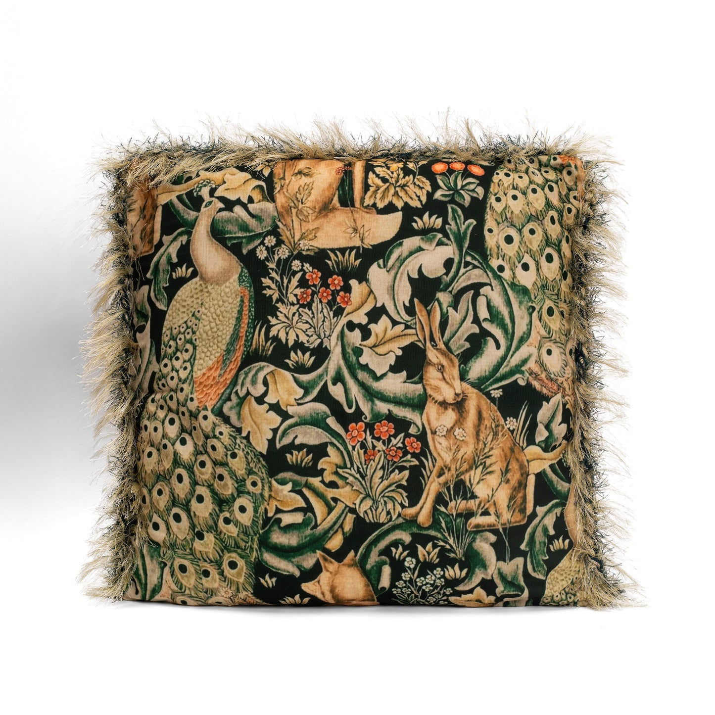 William Morris Forest Print Cushion Cover — Peacock, Hare & Fox