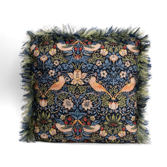 William Morris Strawberry Thief Print Cushion Cover — Dark Navy Colourway