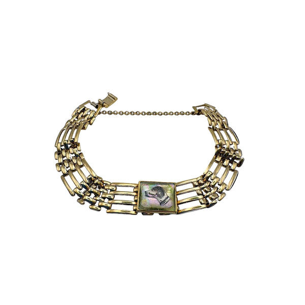 antique victorian bracelet hand painted dog charm gold tone