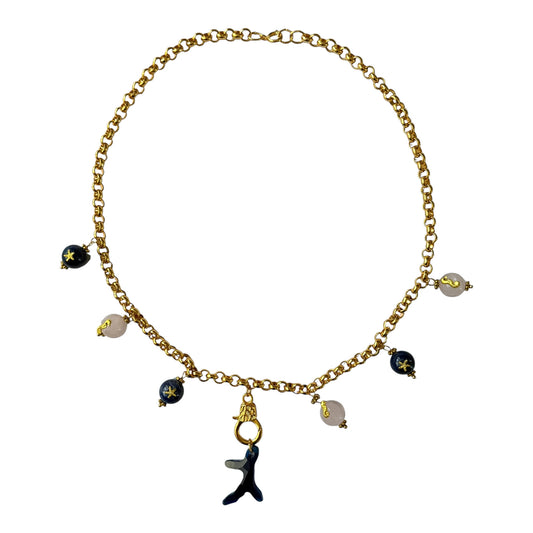 Vintage 1980s Designer House Chain Necklace with Lapis Lazuli, Quartz & Swarovski Crystal Coral
