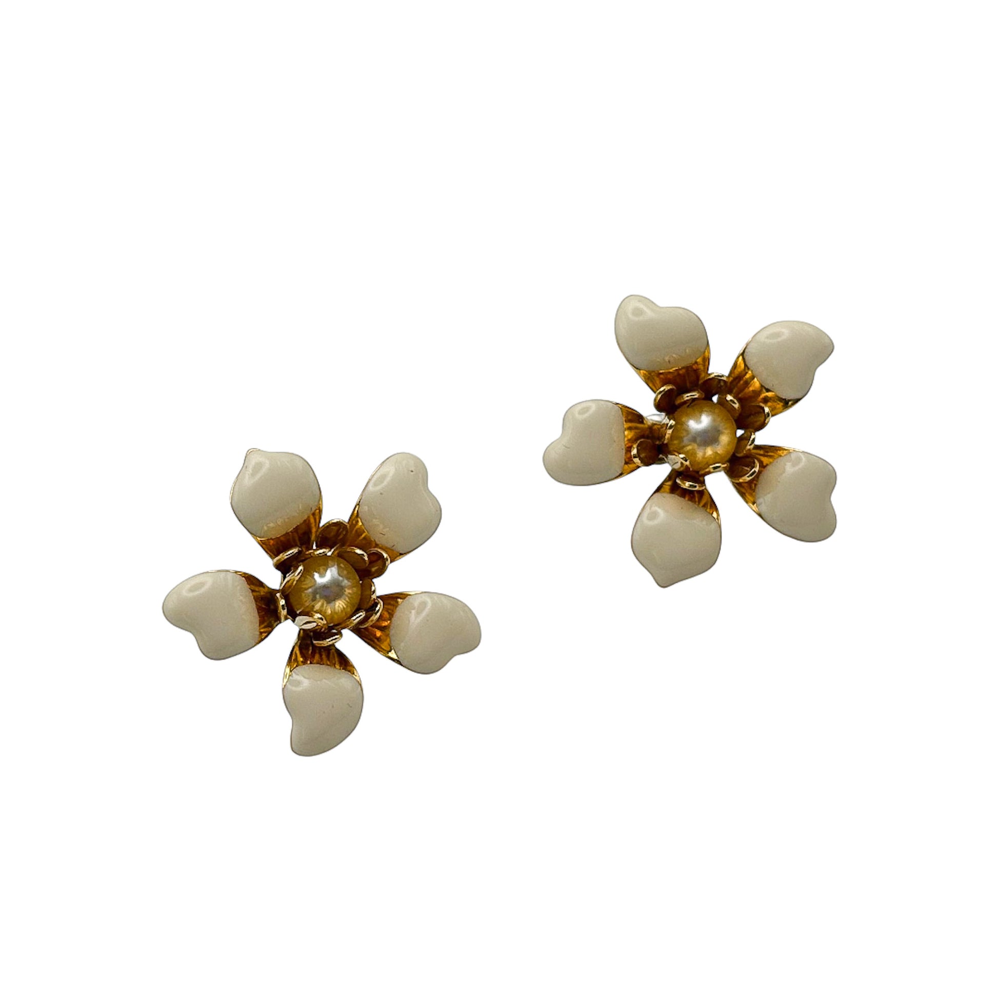 cream enamel floral earrings gold plated vintage style