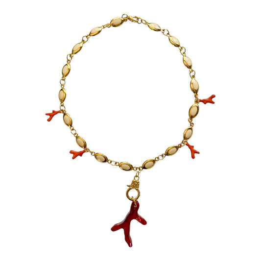 Vintage 1980s Designer House Chain Necklace with Coral Charms & Swarovski Crystal Pendant