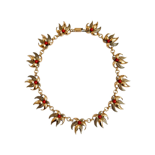 Vintage 1950s Brass Palm Leaf Necklace with Coral Beads