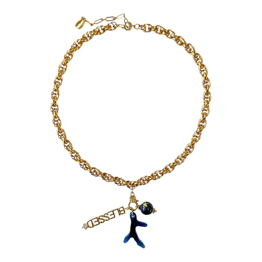 Vintage 1980s Designer House Chain Necklace with Blessed, Swarovski Crystal Coral & Lapis Lazuli Charm