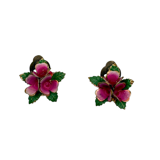 antique pink floral enamel earrings cold painted design
